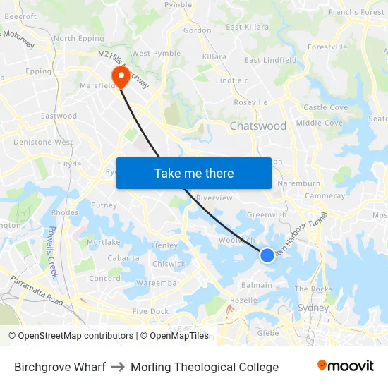 Birchgrove Wharf to Morling Theological College map