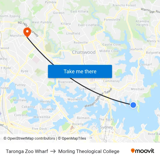 Taronga Zoo Wharf to Morling Theological College map
