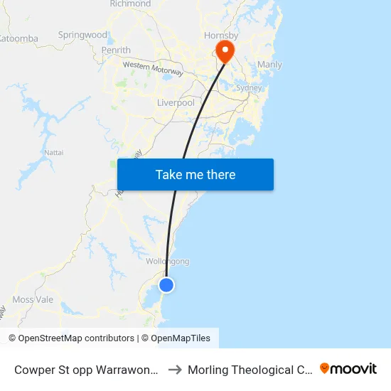 Cowper St opp Warrawong Plaza to Morling Theological College map