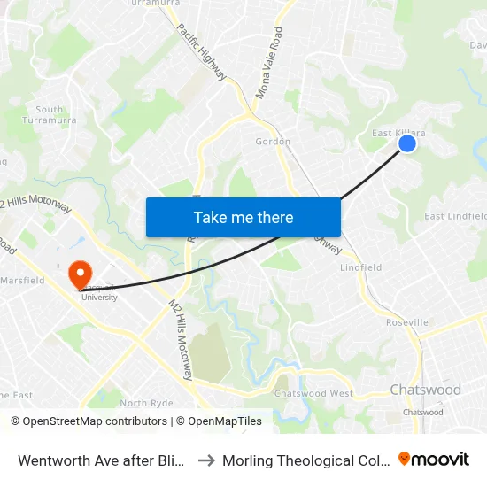 Wentworth Ave after Bligh St to Morling Theological College map