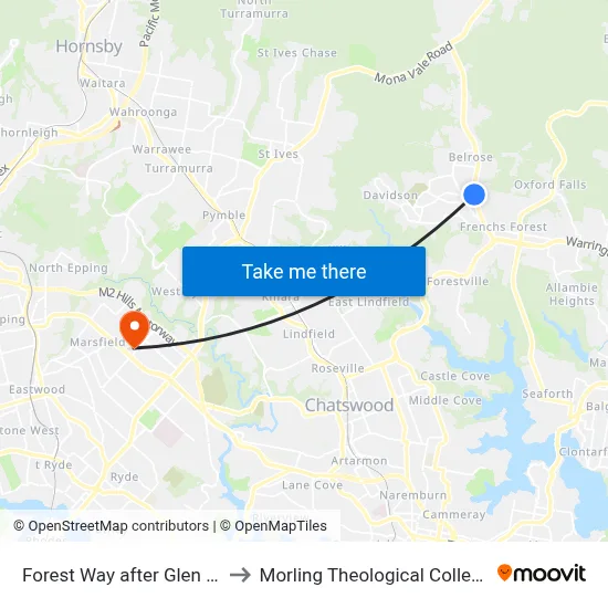 Forest Way after Glen St to Morling Theological College map