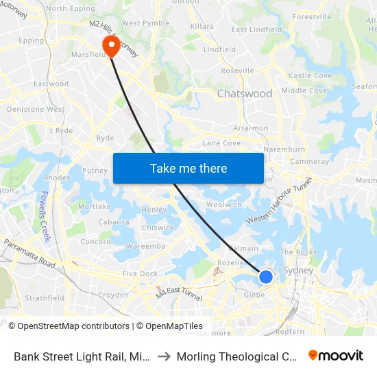 Bank Street Light Rail, Miller St to Morling Theological College map