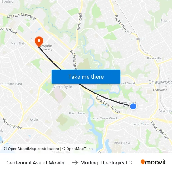 Centennial Ave at Mowbray Rd to Morling Theological College map