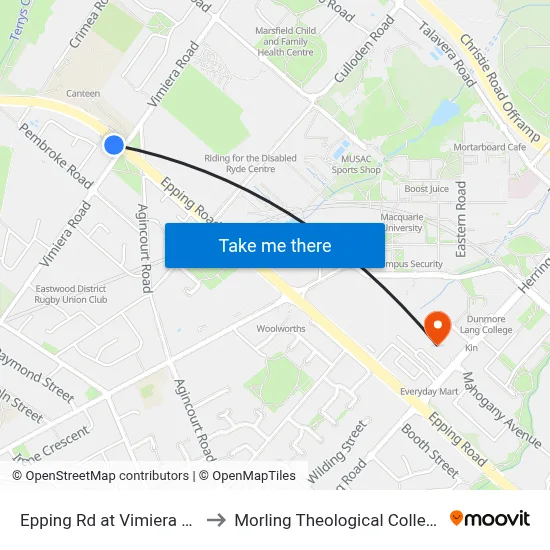 Epping Rd at Vimiera Rd to Morling Theological College map