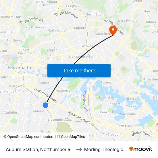 Auburn Station, Northumberland Rd, Stand C to Morling Theological College map