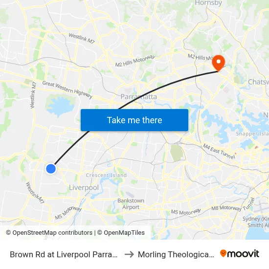 Brown Rd at Liverpool Parramatta Tway to Morling Theological College map