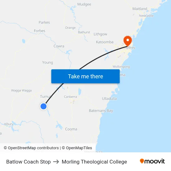 Batlow Coach Stop to Morling Theological College map