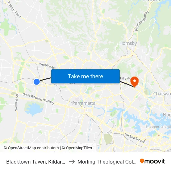 Blacktown Taven, Kildare Rd to Morling Theological College map