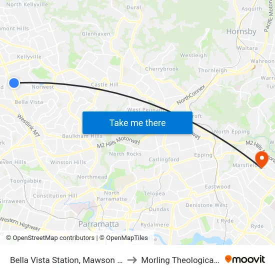 Bella Vista Station, Mawson Av, Stand A to Morling Theological College map
