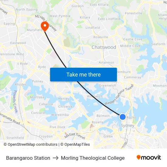 Barangaroo Station to Morling Theological College map