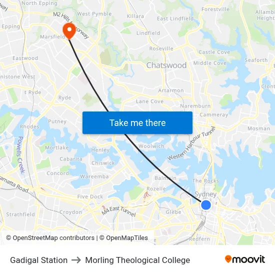 Gadigal Station to Morling Theological College map