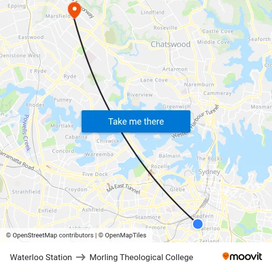 Waterloo Station to Morling Theological College map