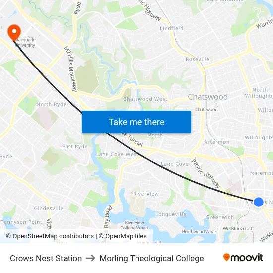 Crows Nest Station to Morling Theological College map