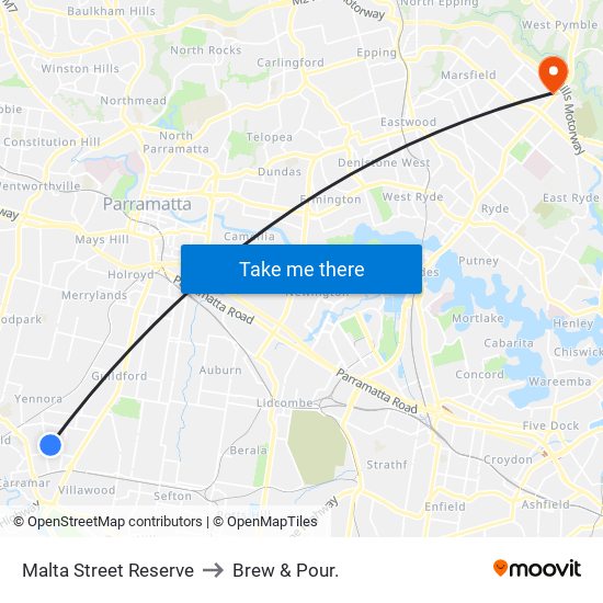 Malta Street Reserve to Brew & Pour. map