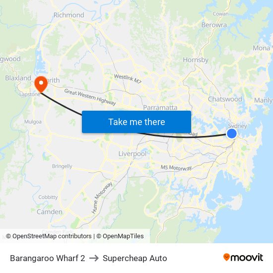 Barangaroo Wharf 2 to Supercheap Auto map
