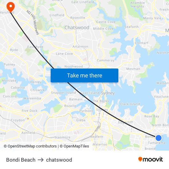 Bondi Beach to chatswood map