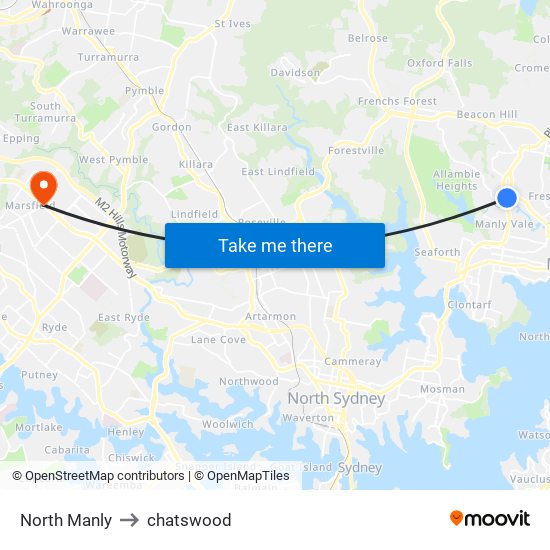 North Manly to chatswood map
