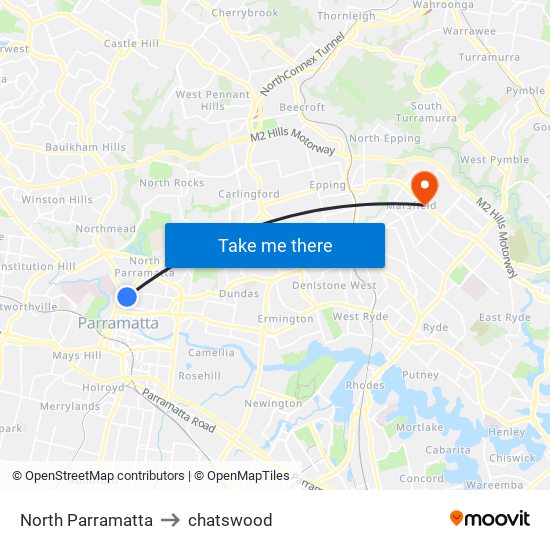 North Parramatta to chatswood map