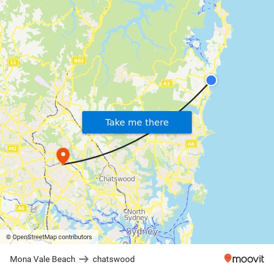 Mona Vale Beach to chatswood map