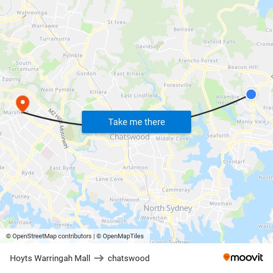 Hoyts Warringah Mall to chatswood map