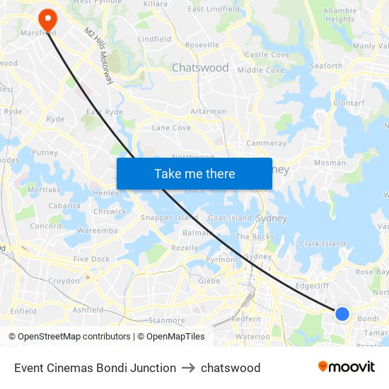Event Cinemas Bondi Junction to chatswood map