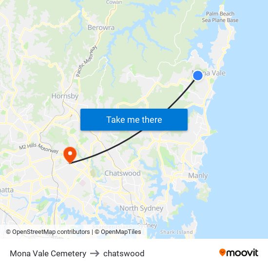 Mona Vale Cemetery to chatswood map