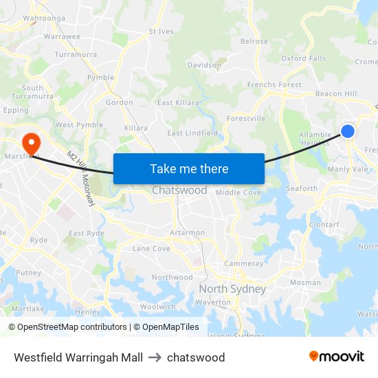 Westfield Warringah Mall to chatswood map