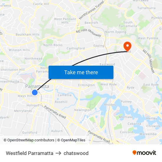 Westfield Parramatta to chatswood map