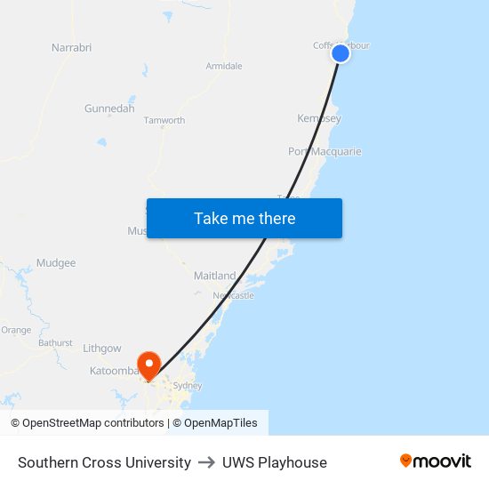 Southern Cross University to UWS Playhouse map