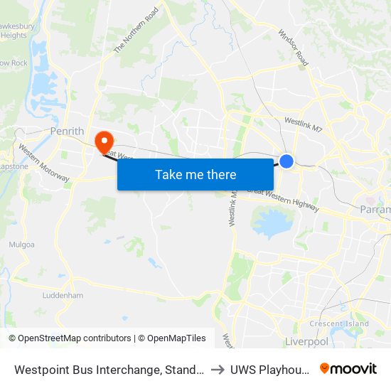 Westpoint Bus Interchange, Stand 9 to UWS Playhouse map