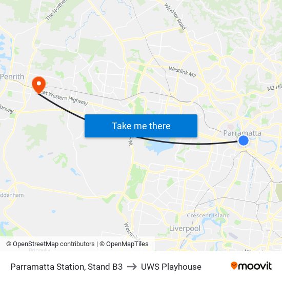 Parramatta Station, Stand B3 to UWS Playhouse map