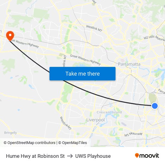 Hume Hwy at Robinson St to UWS Playhouse map