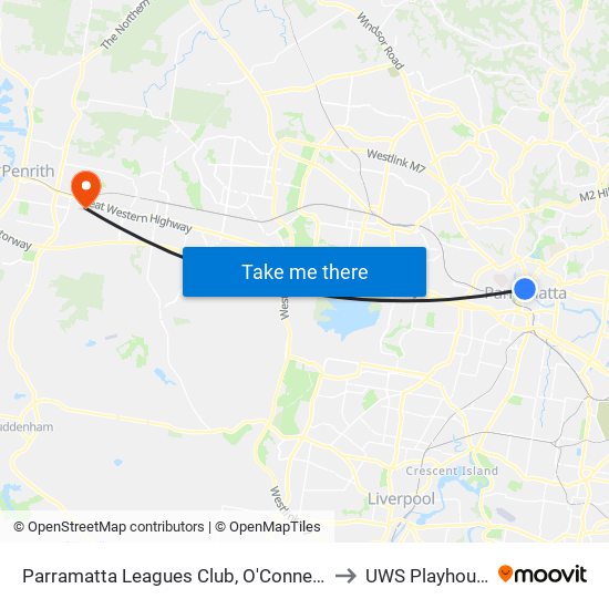 Parramatta Leagues Club, O'Connell St to UWS Playhouse map