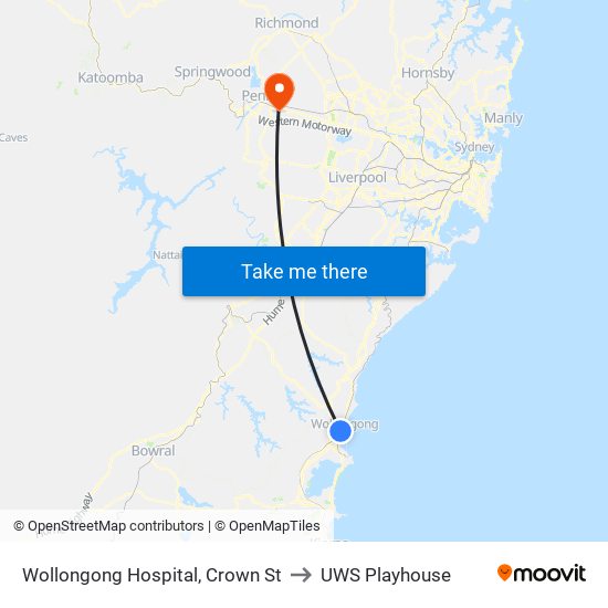 Wollongong Hospital, Crown St to UWS Playhouse map