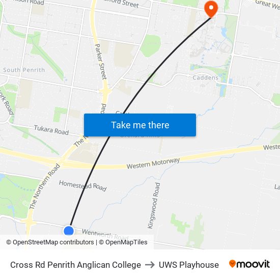 Cross Rd Penrith Anglican College to UWS Playhouse map