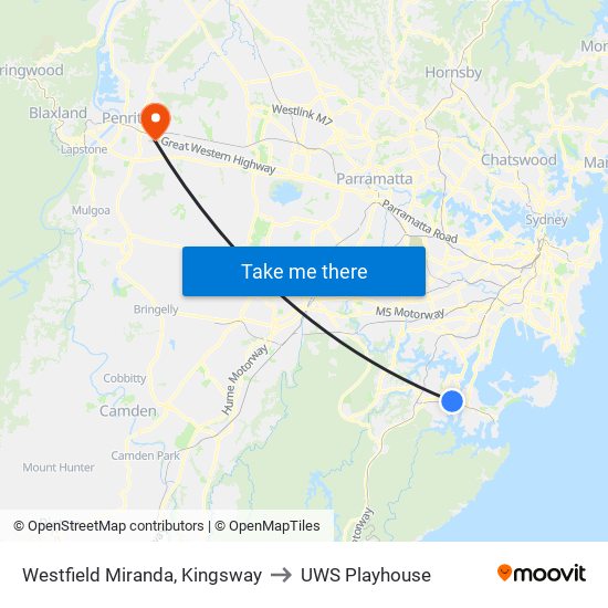 Westfield Miranda, Kingsway to UWS Playhouse map