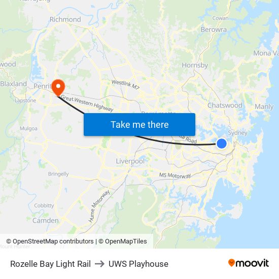 Rozelle Bay Light Rail to UWS Playhouse map