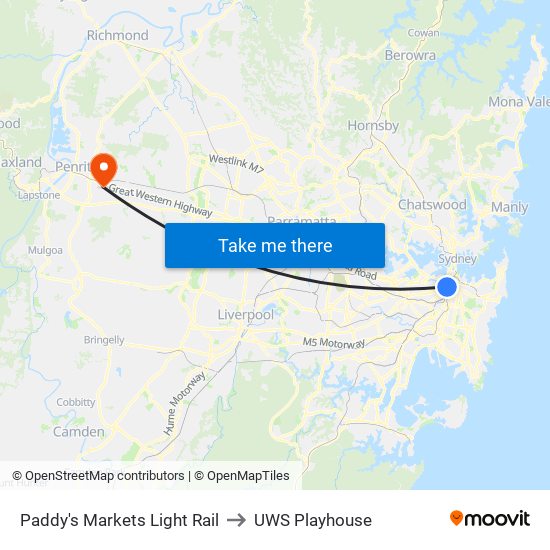 Paddy's Markets Light Rail to UWS Playhouse map