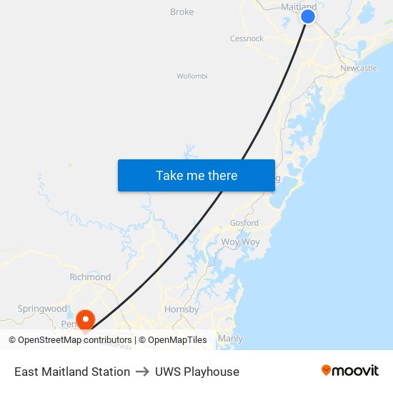 East Maitland Station to UWS Playhouse map