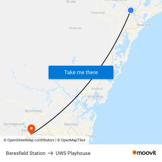 Beresfield Station to UWS Playhouse map