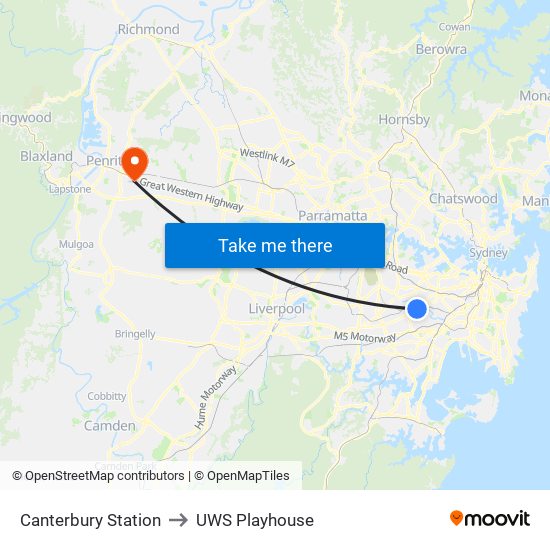 Canterbury Station to UWS Playhouse map