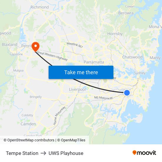 Tempe Station to UWS Playhouse map