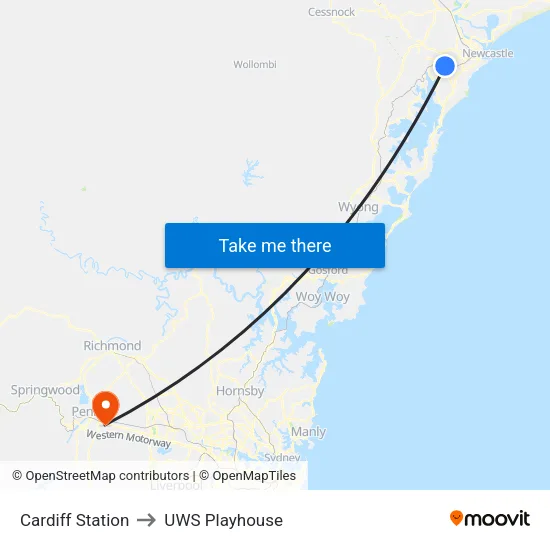 Cardiff Station to UWS Playhouse map
