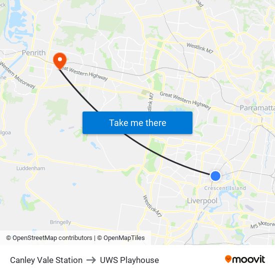 Canley Vale Station to UWS Playhouse map