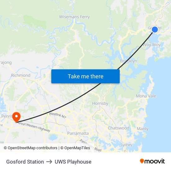 Gosford Station to UWS Playhouse map