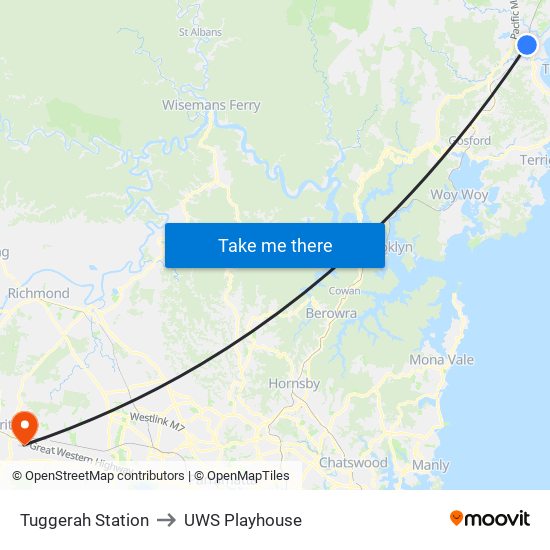 Tuggerah Station to UWS Playhouse map