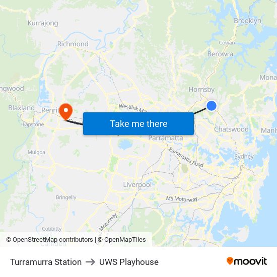 Turramurra Station to UWS Playhouse map