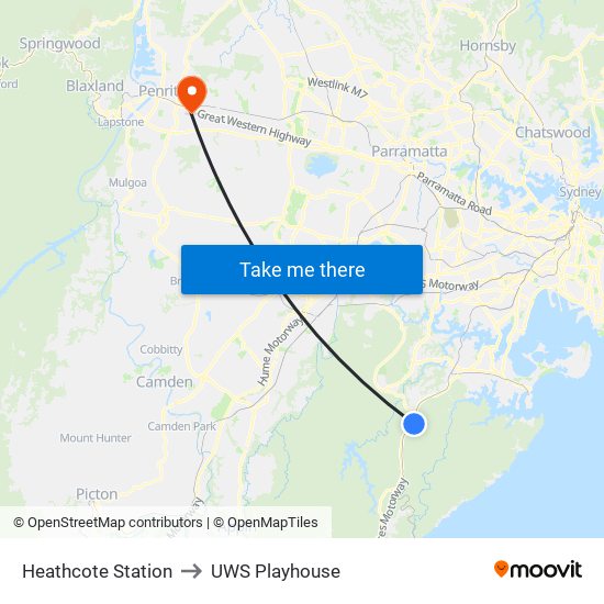 Heathcote Station to UWS Playhouse map