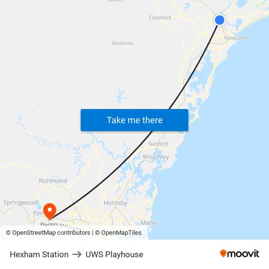 Hexham Station to UWS Playhouse map