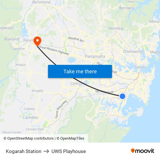 Kogarah Station to UWS Playhouse map